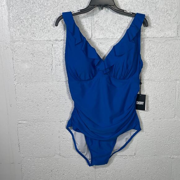 Dkny Women's Ruffle Tummy Control One-Piece Swimsuit Lapis blue 16 - Picture 2 of 14